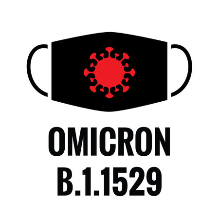 Medical Mask with B.1.1529 Omicron Virus Icons. Variant of Concern, New Covid-19 Strain, Coronavirus with Spike Protein Mutations, B11529 corona virus symbolのイラスト素材