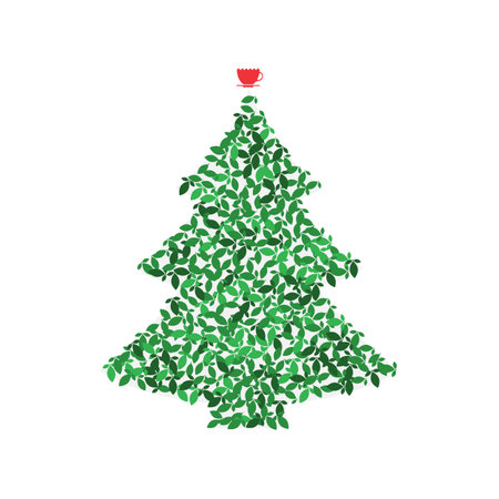 Christmas Tree Shape Made of Green Tea Leaves and Red Cup Icons. Hot Drink Signs and Xmas Spruce Silhouette, New Year Beverage Conceptのイラスト素材