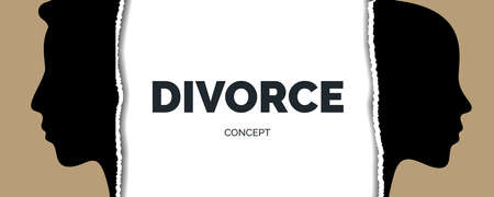 Divorce concept. Divorced couple metaphor, relationship breakup, the end of friendship, photo, torn, black female and male profile outlines on torn paper, vector bannerのイラスト素材