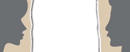 Divorce concept. Divorced couple metaphor, relationship breakup, the end of friendship, photo, torn, black female and male profile outlines on torn paper, vector bannerのイラスト素材