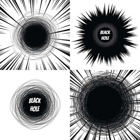 Supermassive black hole texture background set. Hand drawn ink line circles or scribble circle doodle sketch, thin line rings, pencil handwritten art imitation with zoom effectのイラスト素材