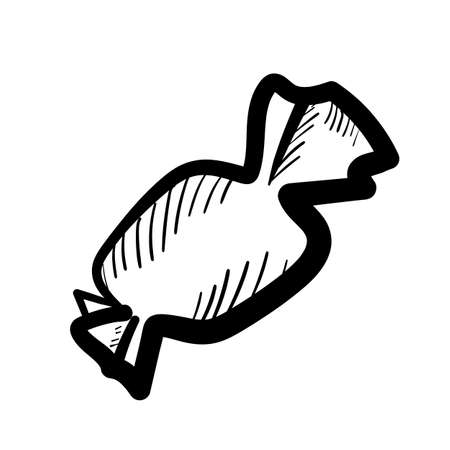 Sketched candy isolated. Engraved doodle sweets design element with chocolate in wrapper, caramel sketch, toffee, vintage sketchy candies, hand drawn vector imitationのイラスト素材