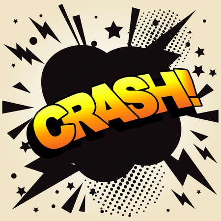 CRASH text. Explosion effect, blast comic word, CRASH! lettering, bang print, surprise pop art vector illustration in black, yellow, orange colorsのイラスト素材