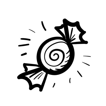 Sketched candy isolated. Engraved doodle sweets design element with chocolate in wrapper, caramel sketch, toffee, vintage sketchy candies, hand drawn vector imitationのイラスト素材