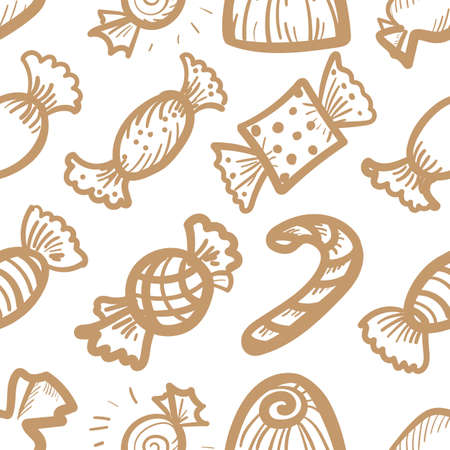 Sketched candy seamless pattern. Engraved doodle sweets print, sketchy candies endless background. Hand drawn tile, repetitive wallpaper for fabric, wrapping endless designのイラスト素材
