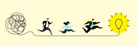 Simplifying the complex, confusion and clarity businessman, path vector idea concept with lightbulbs. Simplification streamlining process, straight and curve vector illustrationのイラスト素材