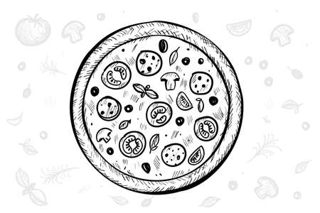 Hand drawn pizza slice. Pizzeria engraving logo, sketch, doodle, a piece of pepperoni pizza on white background, vector illustrationのイラスト素材