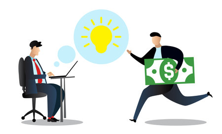 Idea selling, investment concept. Programmer works at computer, investor is in a hurry to give money, financing conceptのイラスト素材