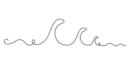 Line drawing wave. Single draw sea wave icon, line art seascape, continuous monoline drawing flow, one outline lineart ocean motion, linear vector illustrationのイラスト素材