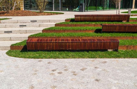 New modern bench in park. Outdoor city architecture, wooden benches, outdoor chair, urban public...