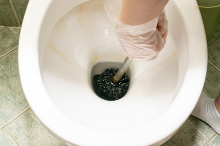 Dirty toilet brush cleaning. Black toilet brush and toilet bowl closeup, clean wc conceptの写真素材