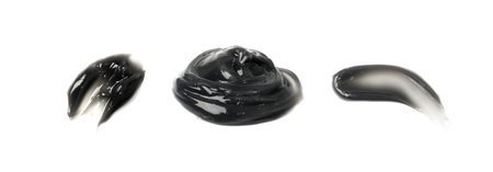 Black cream smear isolated. Dark gray volcanic clay smudge, spilled coal gel set, smudged eyeliner,...