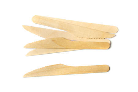 Wooden knife isolated. Eco tableware, disposable cutlery, wood biodegradable forks, bamboo table...