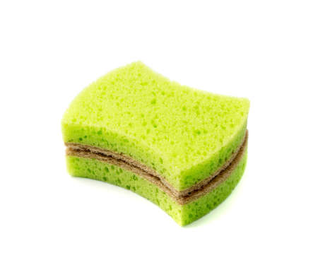 natural sponge isolated. Green brown sponges, body care concept, eco friendly hygiene accessory, scotch brite dishwasher on a white backgroundの写真素材