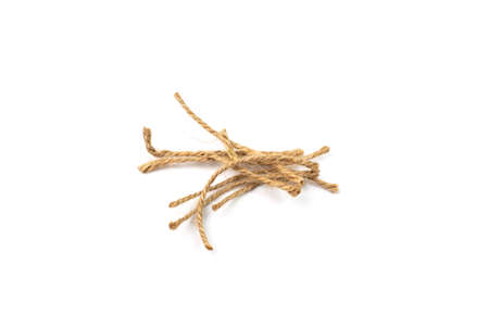 String piece isolated. Jute rope fragment, part of packaging cord knots, eco-friendly natural rope...