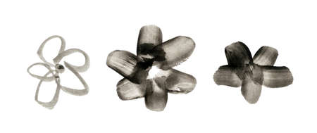 Sketched brush flowers. Flower symbol, black watercolor blossom sign, simple floret icon, flowering paint sketch, bloom illustrationの写真素材