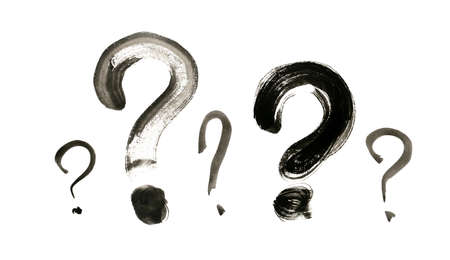 Sketched brush question mark. Quiz symbol, black watercolor interrogation sign, simple rebus icon,...