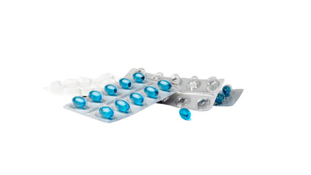Pill blister isolated. Blue capsule package, drugs packaging, pill pack, pharmacy box, medicine...