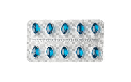 Pill blister isolated. Blue capsule package, drugs packaging, pill pack, pharmacy box, medicine...