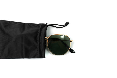 Glasses drawstring isolated. Eyewear pouch, eyeglasses black cloth box, glasses casing on white...