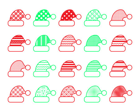 Christmas Hat Icon, Santa Claus Christmas Cap Set Isolatedのイラスト素材