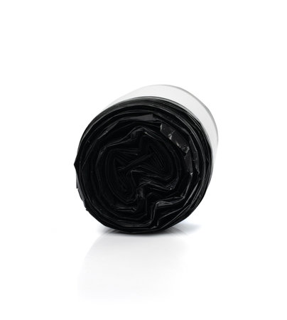 Garbage Bag Roll Isolated. Trash Package, New Rolled Plastic Bin Bags, Black Polyethylene Waste Container on White Backgroundの写真素材