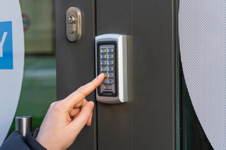 Secure Home System, Hand Pressing on Intercom Keypad, Using Door Phone, Doorphone, Entryphone,...