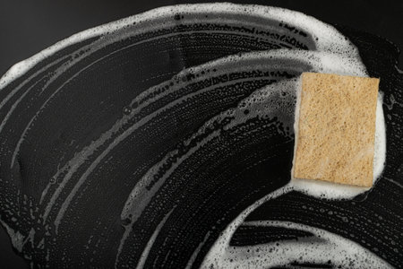 Natural Soapy Sponge with Foam, Eco Brown Sponges, Eco Friendly Hygiene Accessory, Scotch Brite Dishwasher on Black Background, Copy Spaceの写真素材