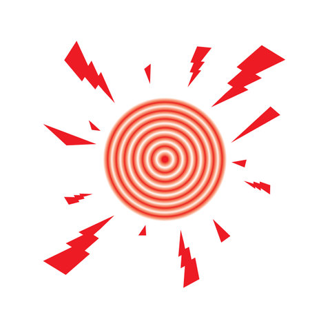 Pain Icon, Painful Spot Mark, Ache Symbol, Inflammation Painkiller Target, Pain Pointing Sign, Red Circle Illness Location, Vector Illustrationのイラスト素材