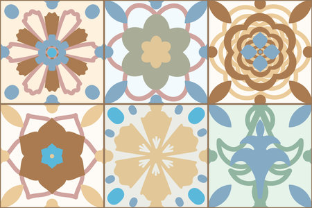 Retro Cement Mosaic Tile, Vintage Wall Ceramic Seamless Pattern, Old Spanish Tiles Background, Abstract Flower Tileのイラスト素材