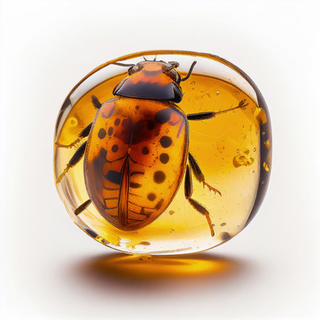 Insect Inside Amber Crystal Isolated, Bug in Jewelry Sun Stone, Glittering Golden Amber Pebble Inclusion on White Background, Generative AI Illustrationの素材