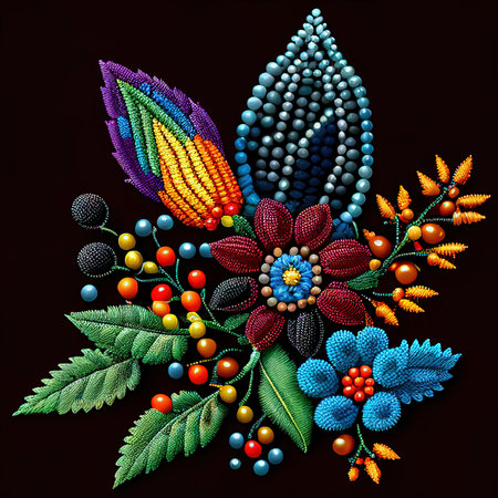 Embroidery Flower Isolated, Floral Pattern with Small Beads, Embroidered Beadwork, Generative AI...