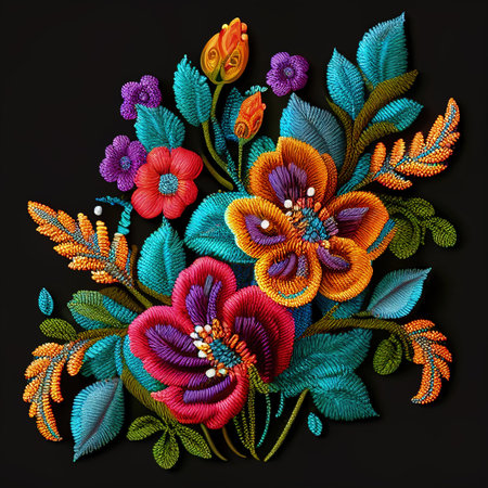 Embroidery Flower Isolated, Floral Pattern with Small Beads, Embroidered Beadwork, Generative AI Illustrationの写真素材