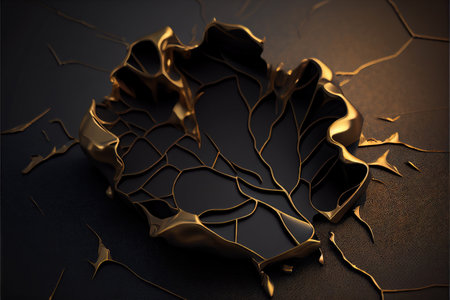 Gold Black Background, Golden Luxury Kintsugi Texture, Vantablack Mockup with Gold Metal Pattern, Generative AI Illustrationの写真素材
