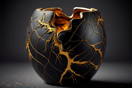 Gold Black Bowl, Golden Luxury Kintsugi Vase, Vantablack Mockup with Gold Metal Pattern, Generative AI Illustrationの写真素材