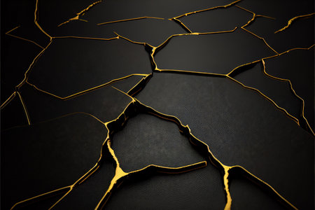 Gold Black Background, Golden Luxury Kintsugi Texture, Vantablack Mockup with Gold Metal Pattern, Generative AI Illustrationの写真素材