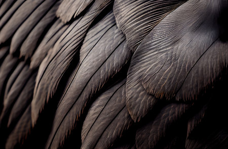Black Feathers Background, Black Swan Wings Pattern, Dark Feather Plume, Abstract Generative AI Illustrationの写真素材