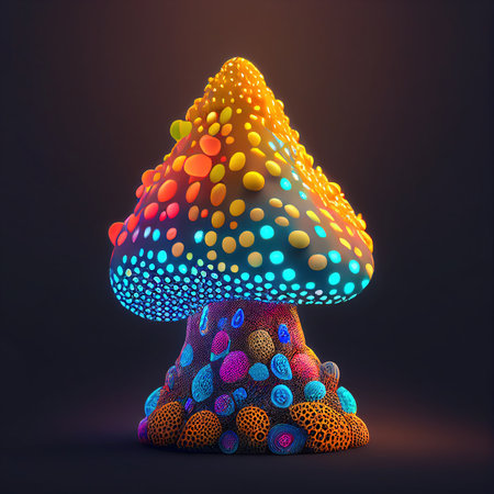 Fantastic Glowing Mushroom, Neon Morel, Magic Psychedelic Mushroom on Black Background, Generative AI Illustrationの写真素材