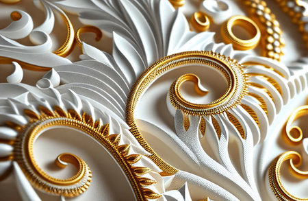 White and Gold Embroidery Texture Background, Abstract Embroidered Pattern, Generative AI...