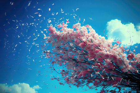 Flying Pink Sakura Petals, Vintage Painting with Copy Space, Abstract Generative AI Illustrationの写真素材