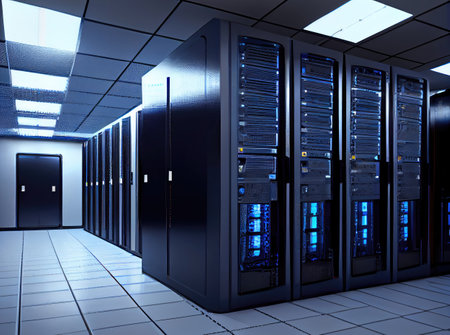 Data Center Server Room, Supercomputer Datacenter, Server Racks, Cloud Computer System, Abstract...