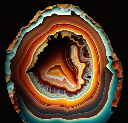Agate Cut Texture Background, Gem Slice, Crystal Mineral Pattern, Layered Striped Stone, Textured Agate Section, Abstract Generative Ai Illustrationの素材