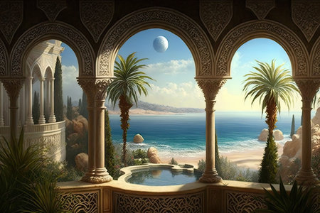 Arabian Palace Sea View, Grand Hamam, Hotel, Luxurious Oriental Interiors Arab Palace Drawing Imitation, Abstract Generative AI Illustrationの素材