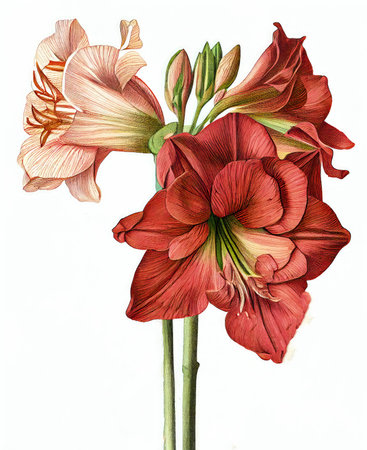 Amaryllis Flower Botanical Illustration, Hippeastrum Pot Flowers Realistic Painting, Amaryllis Drawing Imitation, Abstract Generative AI Illustrationの素材