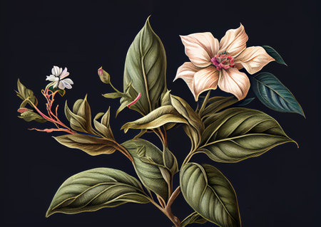 Fantasy Non-Existent Plant, Bhringraj - like Botanical Illustration, Flower Drawing Imitation, Abstract Generative AI Illustrationの素材
