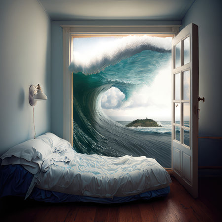 Sea Wave in Bedroom, Dream of Ocean, Travel Dream, Flood, Drawing Imitation, Abstract Generative AI Illustrationの素材