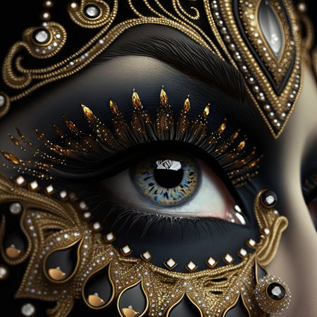 Eye with Super Black Gold Makeup, Beautiful Luxury Egyptian Woman Eye, Vantablack Ornate Carnival Abstract Makeup, Generative AI Illustrationの素材