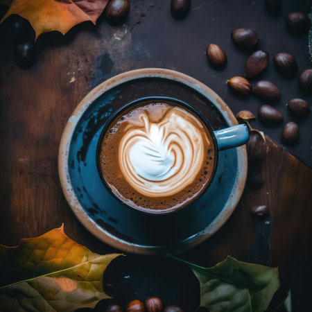 Spicy Coffee Cup, Warming Dark Coffee Mug on Black Table Top View Flat Lay, Autumn Spicy Drink, Abstract Generative AI Illustrationの素材