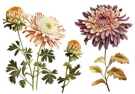 Chrysanthemum, Mums Flower Botanical Illustration, Dahlia, Chrysanths Realistic Painting, Chrysanthemum Drawing Imitation, Abstract Generative AI Illustrationの素材