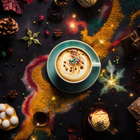Spicy Coffee Cup, Warming Dark Coffee Mug on Black Table Top View Flat Lay, Autumn Spicy Drink, Abstract Generative AI Illustrationの素材